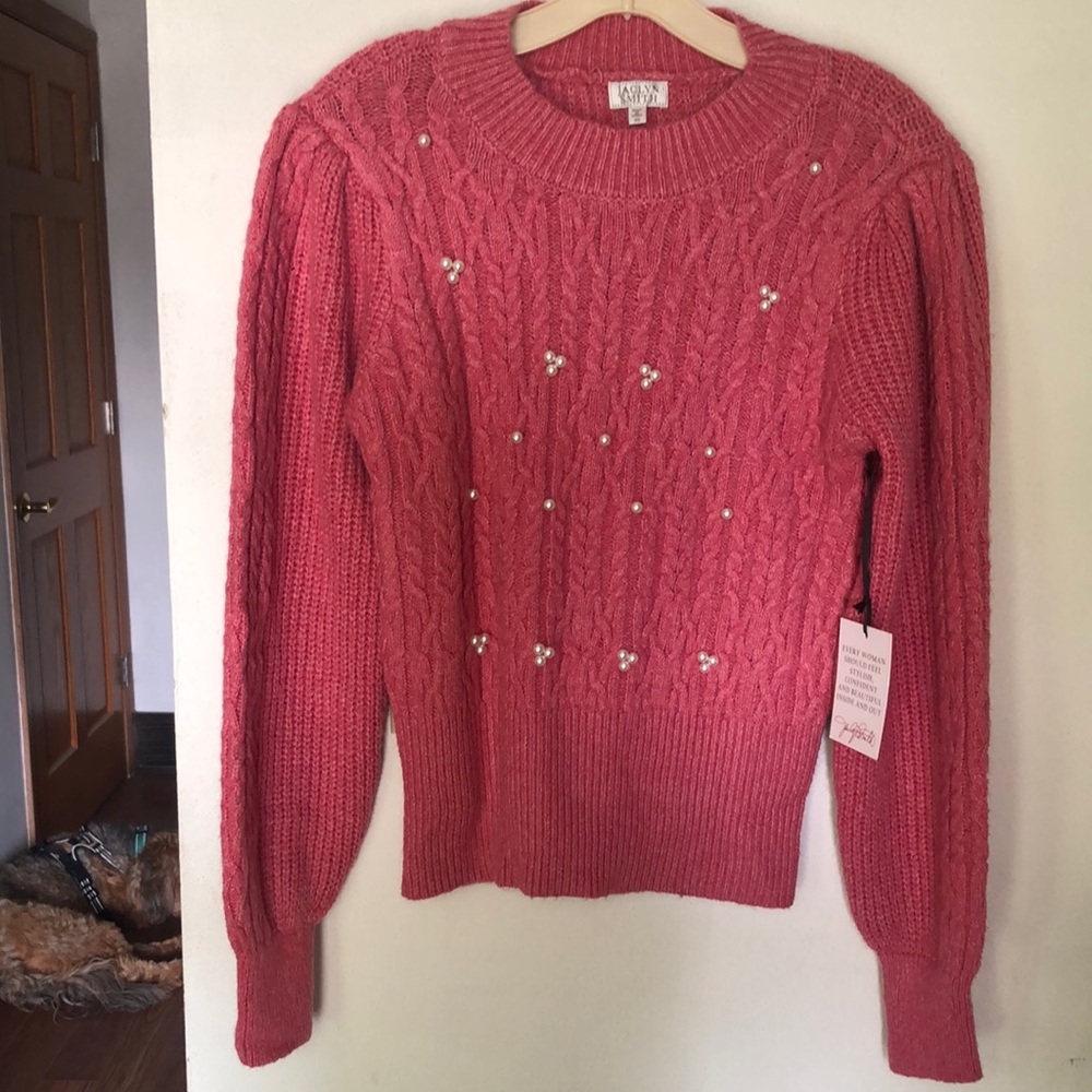 Jaclyn Smith Pink Crew Neck Sweater with Cable Knit Design